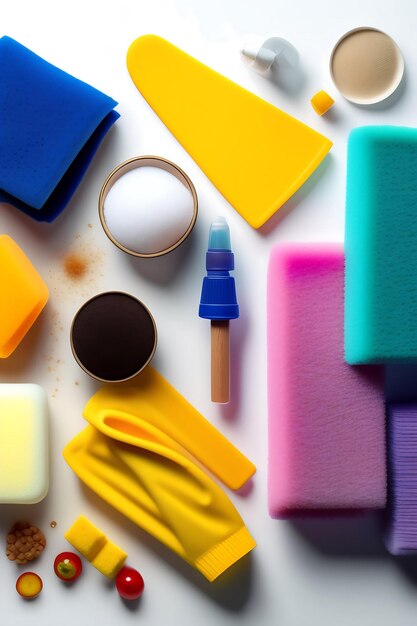 Rubber glove rags and sponge for dishwashing isolated on a white background