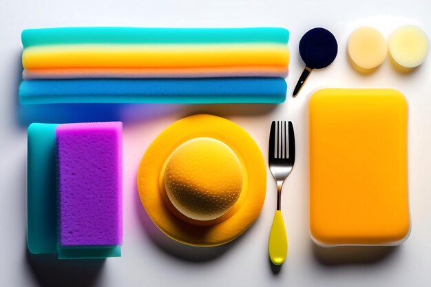 Rubber glove rags and sponge for dishwashing isolated on a white background