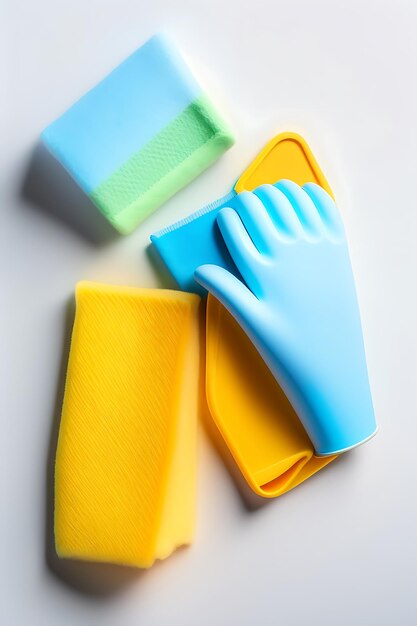 Rubber glove rags and sponge for dishwashing isolated on a white background