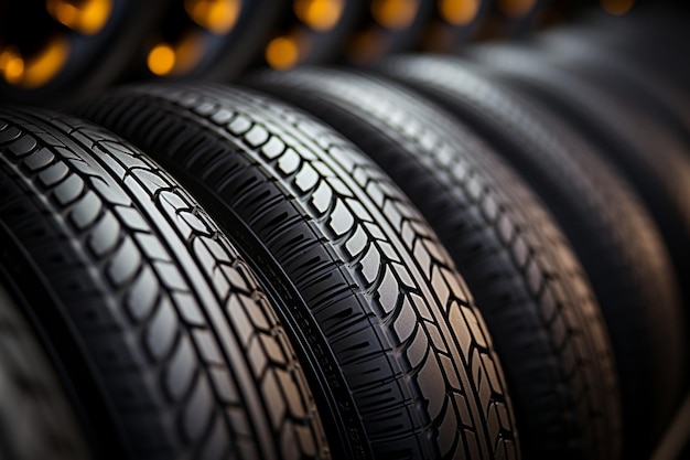 Rubber inventory Close up of bulk car tires in store tire shop backdrop