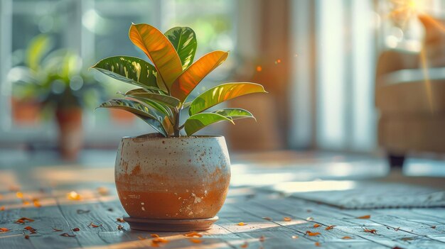 Rubber plant in a broken flower pot on the living room floor