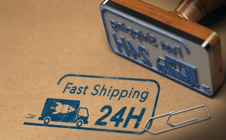 Photo rubber stamp and carton box with focus on fast shipping text stamped on the cardboard, 3d illustration