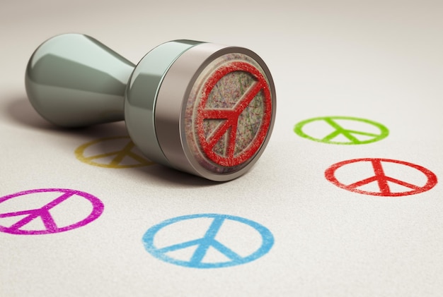 平和と愛のシンボルが印刷された紙の背景にゴム印。反戦のイラストのコンセプトイメージ