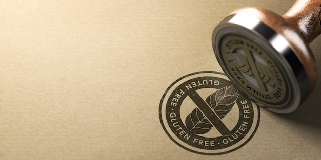 Photo rubber stamp with the label gluten free printed on a brown paper background with copyspace on the left side.