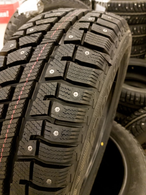 Rubber tire from car with spikes closeup