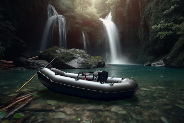 Rubberboot onder de zachte stroom van een waterval