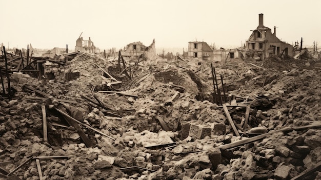 The rubble of destroyed houses due to the war