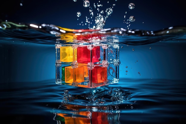 Кубик Рубика частично разрешен, погруженный в воду с поднимающимися пузырьками воздуха.