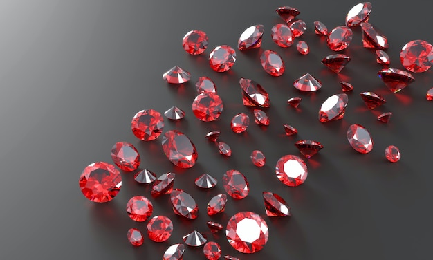 Foto ruby gem diamond group collocato su sfondo scuro rendering 3d.