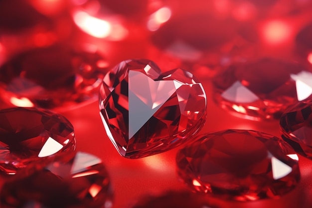 Photo ruby hearts on a red background photorealistic ultra sharp simplicity ultra detailed focus