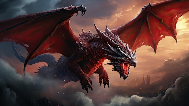 A ruby red dragon in flight with a lightning storm in the background