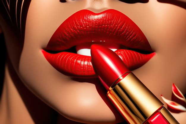 Ruby red lipstick on golden background Beauty makeup cosmetics for lips Glamourous fashion tube