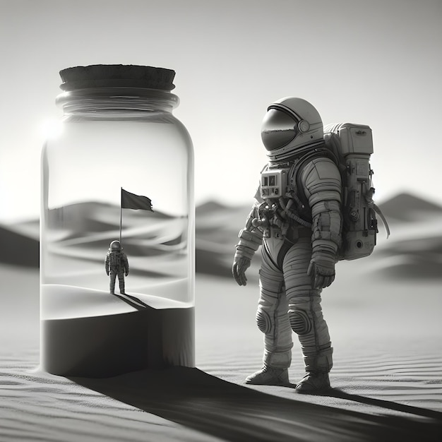 Ruckenfigur een foto van een astronaut in een glazen pot