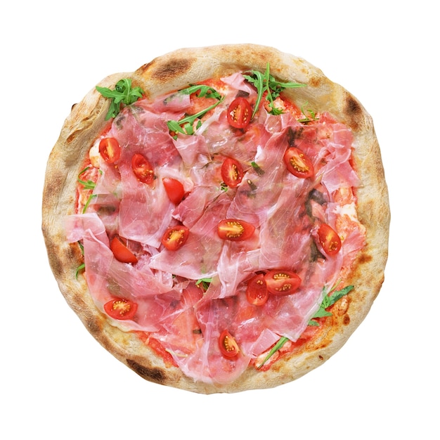 Rucola-prosciutto Italiaanse pizza geïsoleerd op een witte achtergrond.