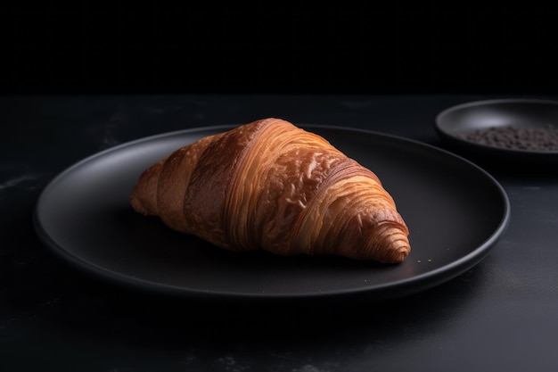 Ruddy croissant on a black plate on a black background