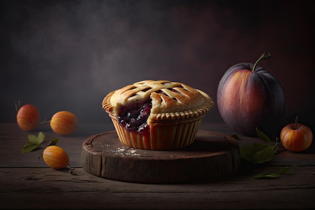 Ruddy plum mini pie on dark background with wooden table