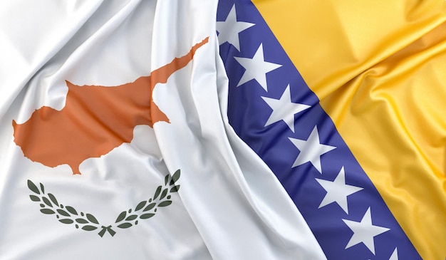 Photo ruffled flags of cyprus and bosnia and herzegovina 3d rendering