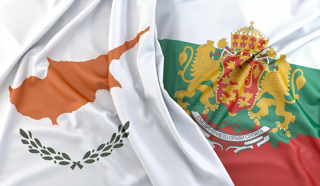 Ruffled Flags of Cyprus and Bulgaria with coat of arms 3D Rendering