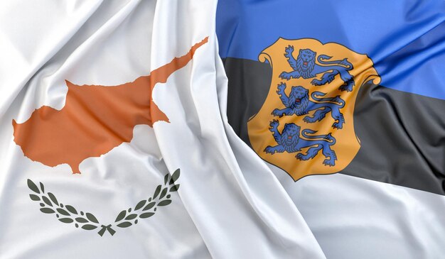 Photo ruffled flags of cyprus and estonia with coat of arms 3d rendering