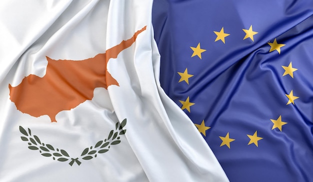 Ruffled Flags of Cyprus and European union 3D Rendering