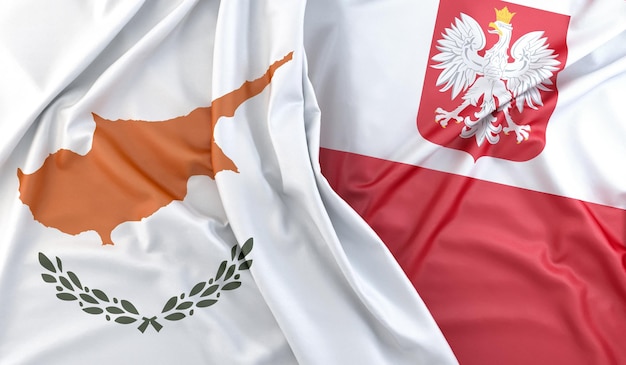 Photo ruffled flags of cyprus and poland with coat of arms 3d rendering