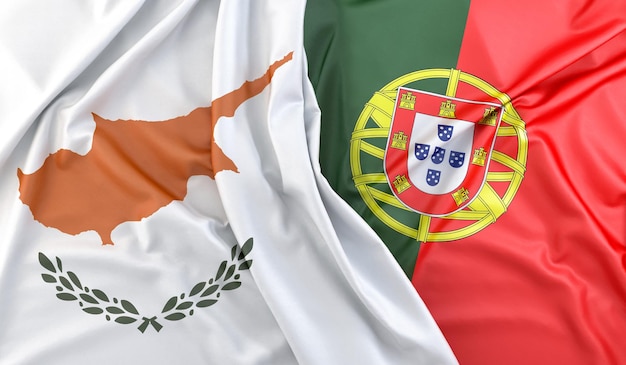 Photo ruffled flags of cyprus and portugal 3d rendering