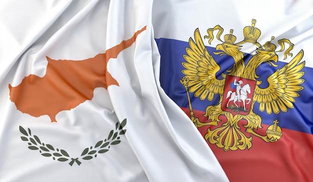 Photo ruffled flags of cyprus and russia with coat of arms 3d rendering