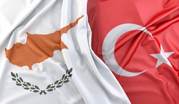 Ruffled Flags of Cyprus and Turkey 3D Rendering