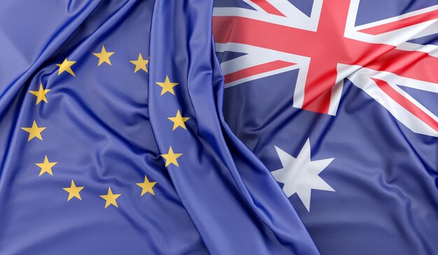 Ruffled Flags of European Union and Australia 3D Rendering