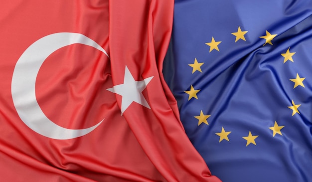 Ruffled Flags of Turkey and European Union 3D Rendering