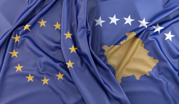 Ruffled Flags van de Europese Unie en Kosovo 3D-rendering
