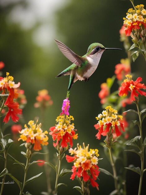 Rufous Hummingbird sucks nectar in flighting with green background