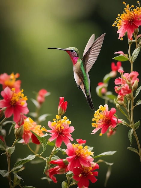 Rufus Hummingbird zuigt nectar in de lucht met een groene achtergrond