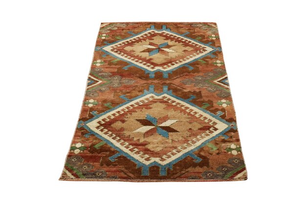 Photo a rug with a blue and tan rug with a diamond design on it.