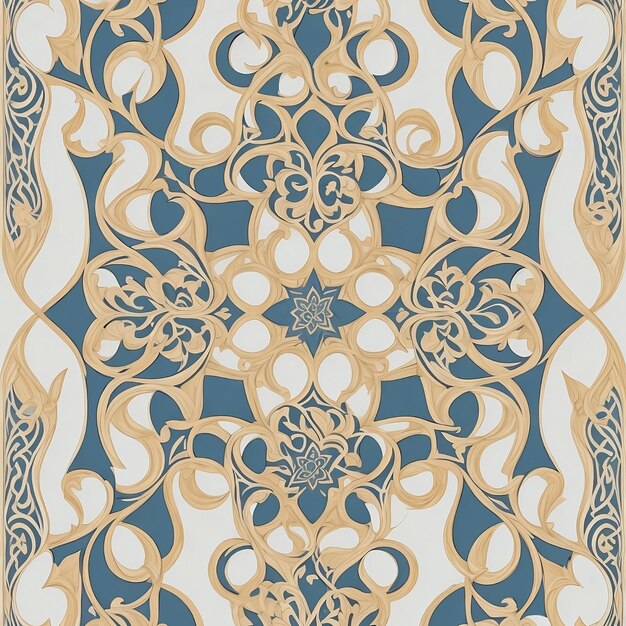 A rug with a star on it is printed in goldillustration of A arabesque pattern white background