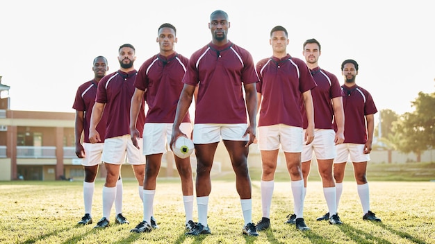 Foto rugby uomo di colore e forte ritratto di squadra sul campo solidarietà e fiducia per vincere il gioco diversità leadership e gruppo di lavoro di squadra di forti sportivi che stanno insieme al potere sull'erba