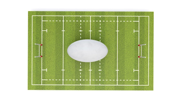 Foto campo da rugby con palla e pali 3d render