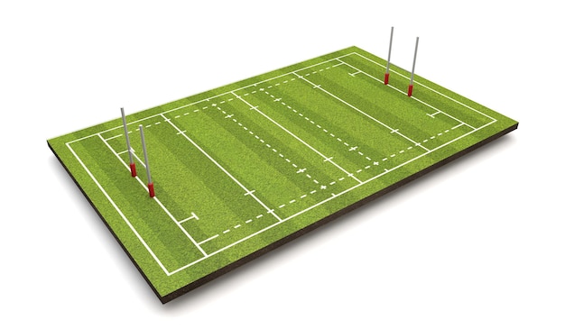 Rugby pitch with lines and goals 3D Rendering