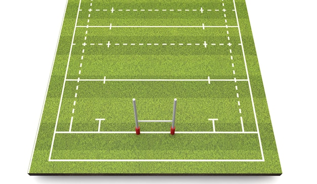 Rugby pitch with lines and goals 3D Rendering