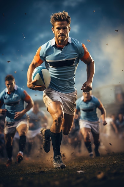 Rugby player in a blue jersey runs with the ball during a match Vertical shot