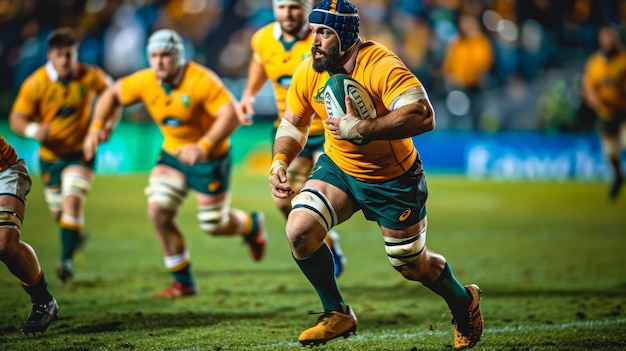 Photo a rugby player is running with a rugby ball in his hand