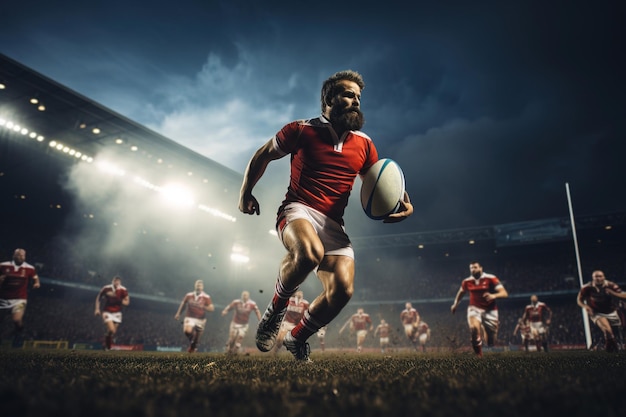 Rugby player in a red uniform running with the ball at the stadium