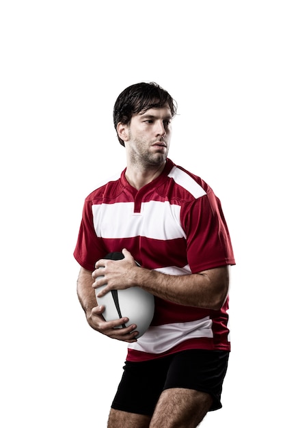 Giocatore di rugby in uniforme rossa.
