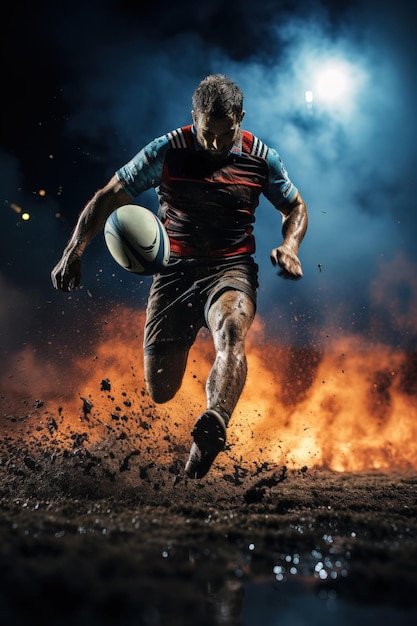 Foto giocatore di rugby che corre e calcia una palla da rugby su un campo fangoso colpo verticale epico