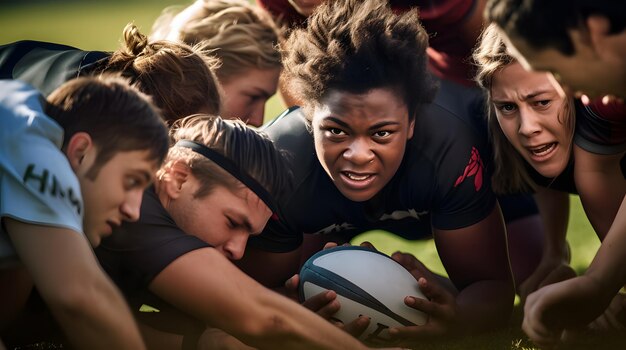 Rugby players in a scrum during a competitive match