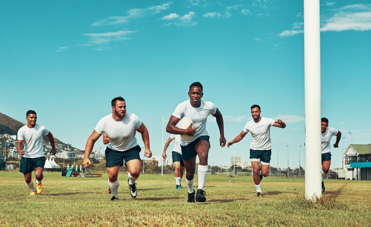 Photo rugby score and men running on field for practice training competition or game routine on pitch try athletes or fast players in sports stadium with teamwork for workout match or fitness exercise