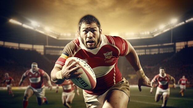 Rugby sportsman player with ball in action in stadium