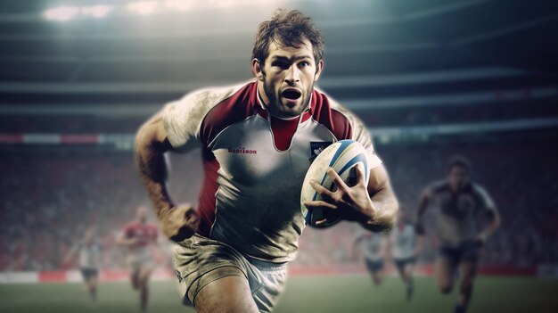 Rugby sportsman player with ball in action in stadium