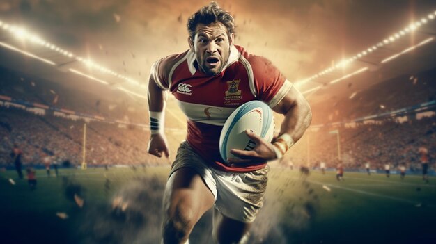 Rugby sportsman player with ball in action in stadium