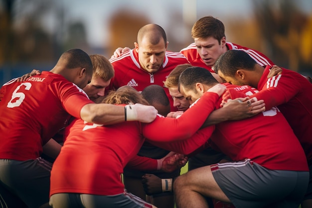 Photo rugby team stacking hands while standing on field